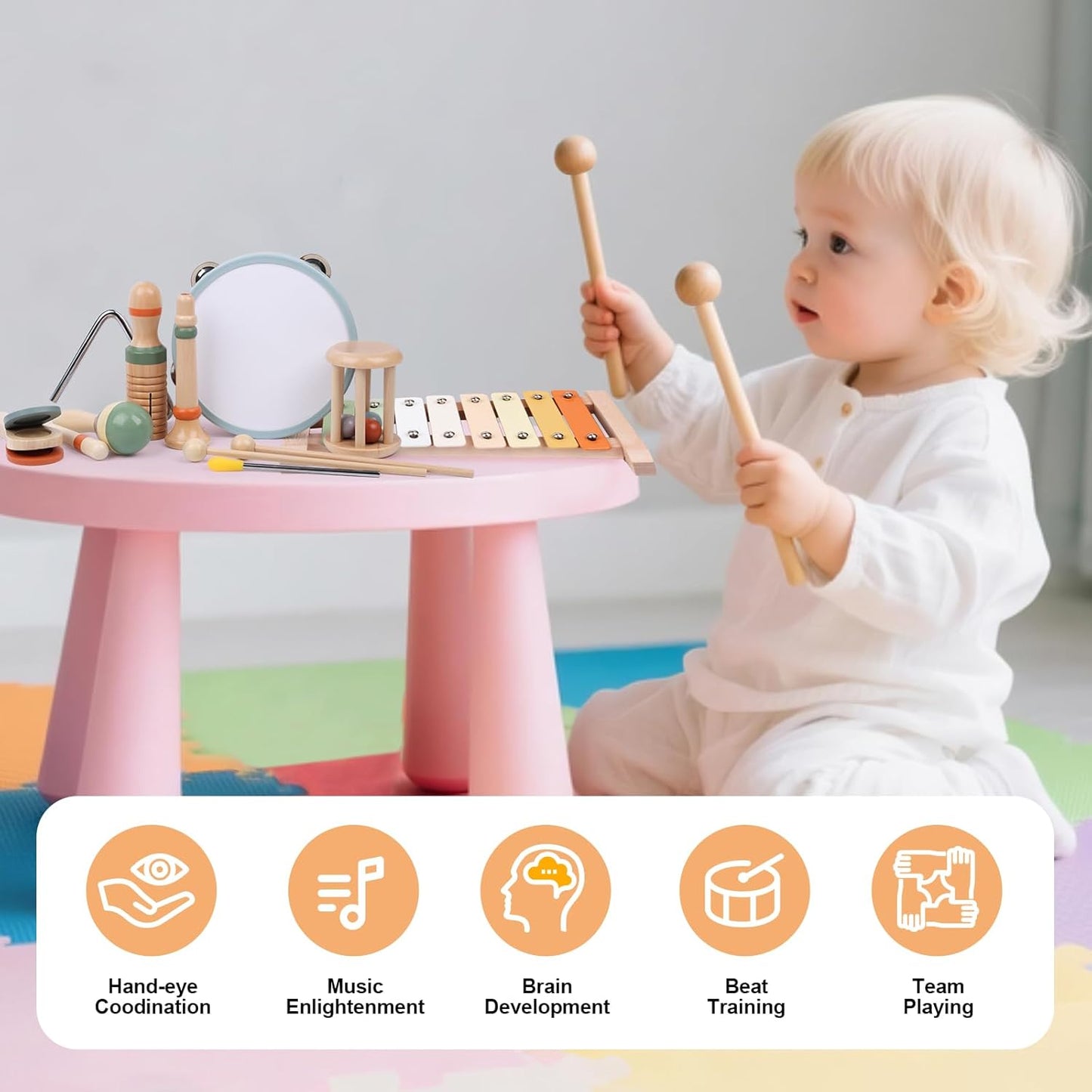 Baby Musical Instruments Set, Montessori Wooden Toys for Toddlers 3+, Neutral Colors Percussion Instruments with Xylophone, Maracas & Tambourine for Kids Preschool Educational and Birthday Gifts