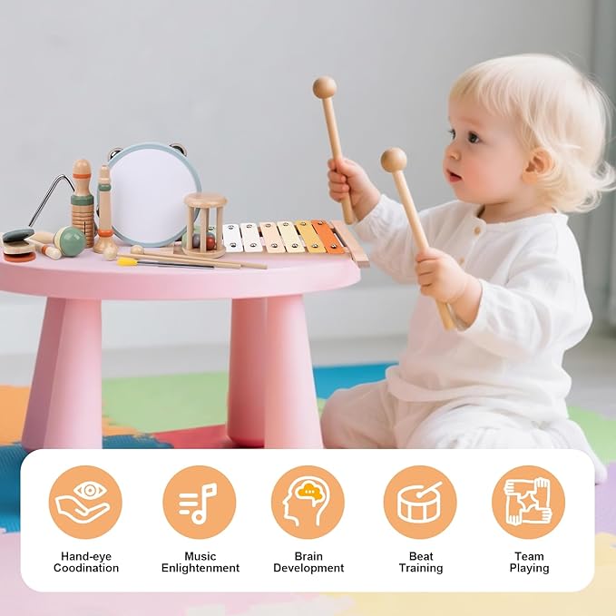 Baby Musical Instruments Set, Montessori Wooden Toys for Toddlers 3+, Neutral Colors Percussion Instruments with Xylophone, Maracas & Tambourine for Kids Preschool Educational and Birthday Gifts