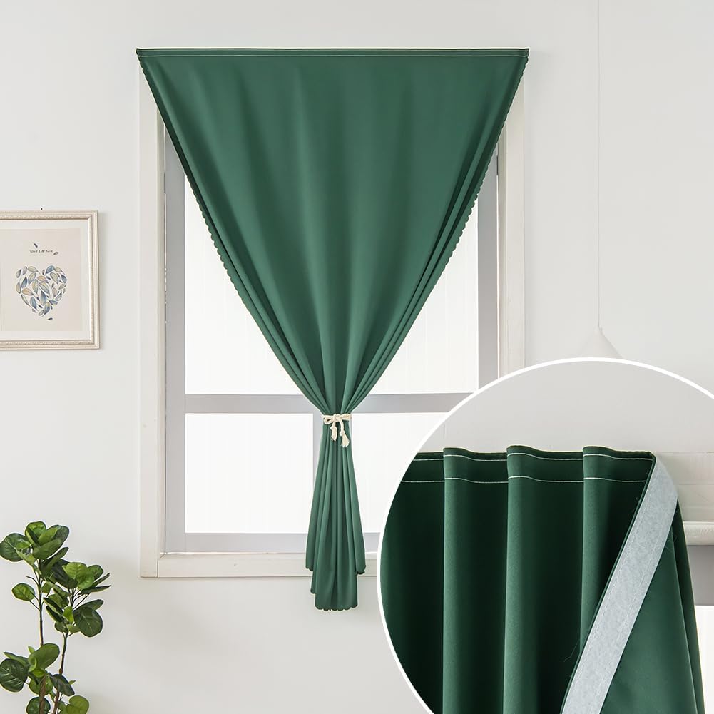 Blackout Curtains for Bedroom Stick On Curtains Window Shades Pull Down Blackout Window Cover No Drillng Self Adhesive Curtains No Rod Small Curtain, 59" W X 59" L, Dark Green, 1 Panel