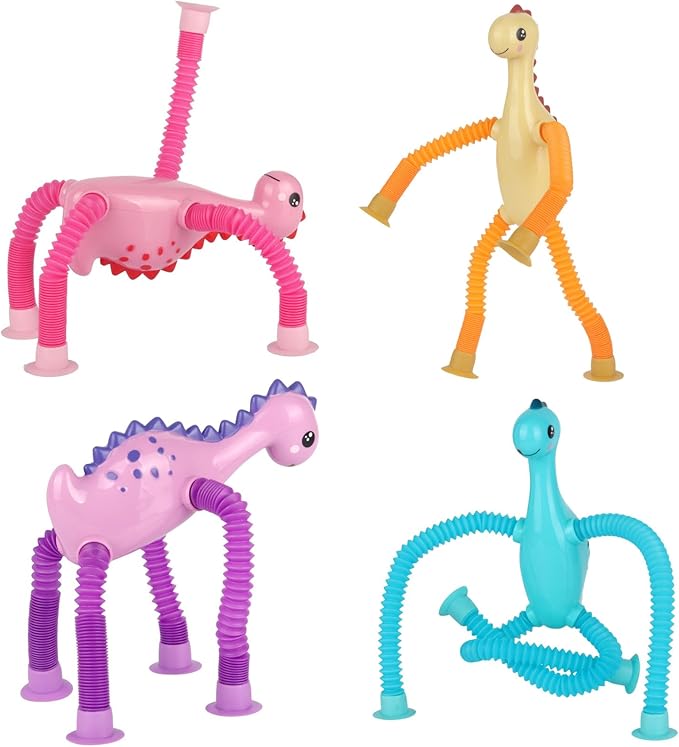 4 Pcs Telescopic Suction Cup Toy, Pop Tubes Sensory Toys for Toddlers, Educational Fidget Toys Dinos Party Favors for Anxiety Kids Basket Stocking Stuffer for 3-9 Year Old Boy Girl