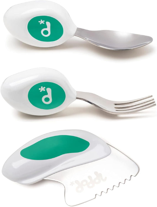 doddl Toddler Utensils, Ergonomic Fork Spoon and Knife Set for Self Feeding, Stainless Steel Silverware for 1-3 Year Olds, BPA Free, Dishwasher Safe (Aqua)