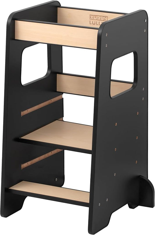Toddler Kitchen Helper Tower for Ages 1–6 – 3-Level Adjustable Learning Tower, Toddler Standing Tower & Kitchen Stool Helper with Safety Rail, CPC Certified, Black