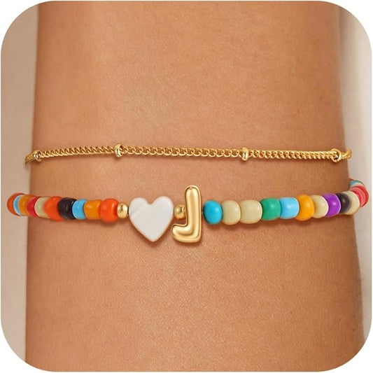 Colorful Initial Bracelets for Women Girls - 14K Gold Plated Heart Initial Letter Daint A-Z Charm Bracelet Summer Jewelry Teen Girl Gifts for Teen Kids