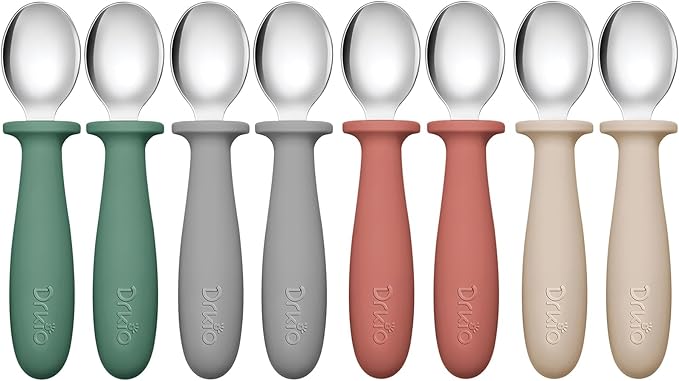 DRKIO 8 PCS Toddler Spoons Set - Baby Spoons with Silicone Handle Children safe 18/8 Stainless Steel Toddler Utensils Set for Self Feeding Kids Silverware Anti-Choke Design Food Grade Dishwasher Safe