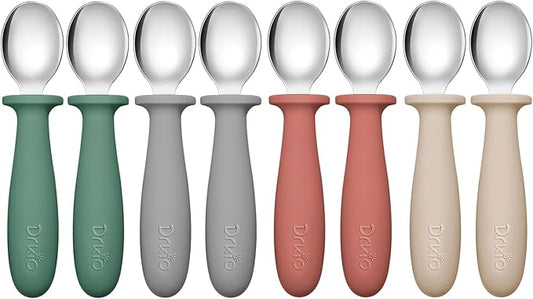 DRKIO 8 PCS Toddler Spoons Set - Baby Spoons with Silicone Handle Children safe 18/8 Stainless Steel Toddler Utensils Set for Self Feeding Kids Silverware Anti-Choke Design Food Grade Dishwasher Safe