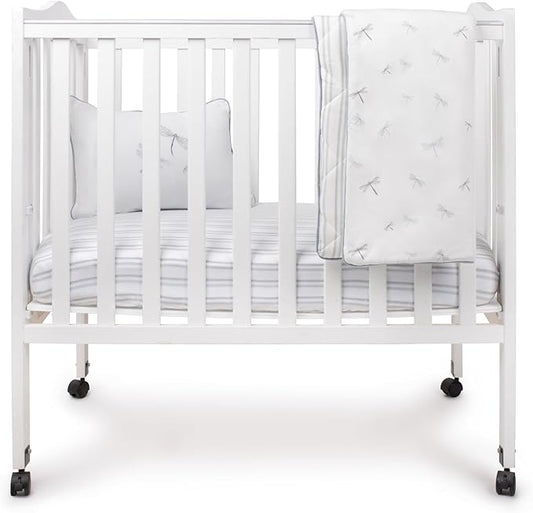 Ely's & Co. Mini Crib Bedding Set for Boys, 4 Piece Set - 1 Fitted Mini Crib Sheet, Quilted Comforter and Decorative Pillow, Blue Dragonfly + Stripe Collection