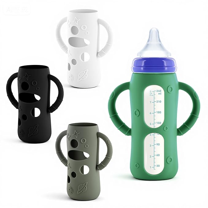 4-Pack Silicone Sleeves for Lansinoh Glass Bottles 8 oz- Starry Sky Design Baby Bottle Holder with Handles,Protectors for Lansinoh Natural Wave Glass Bottles, Anti-Scald Feeding Supplies