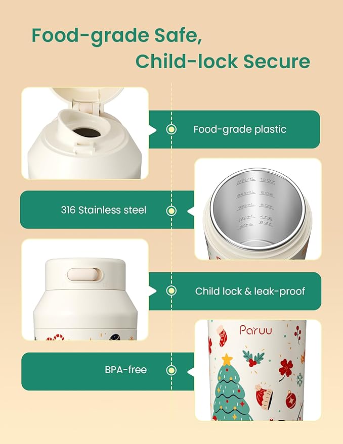 Paruu Portable Bottle Warmer for Travel, Easy-Clean Wide Mouth, Portable Milk Warmer with Fast Heating for Night Feeding, 7-Temp Control, Large 12oz Capacity, Christmas Limited Edition, Beige