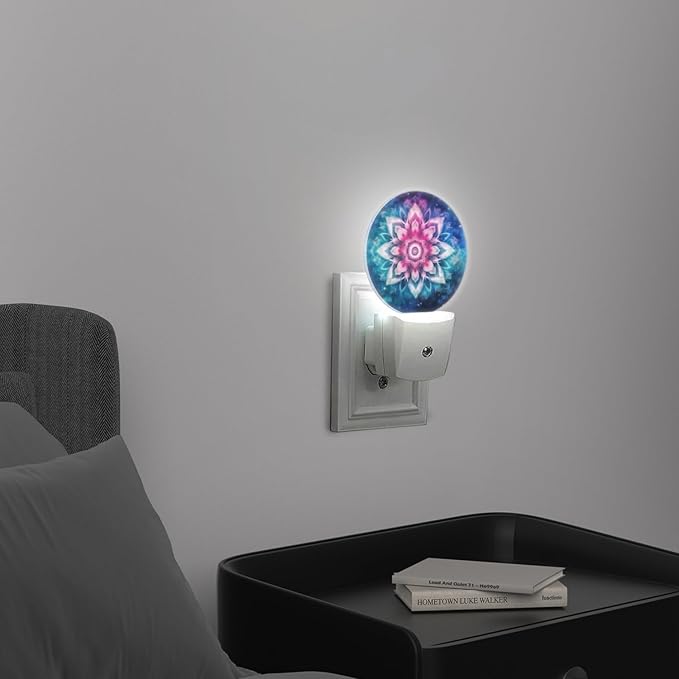 Round LED Night Lights Lamp with Dusk to Dawn Sensor, Mandala Flower with Pink and Blue Colors Night Light Plug Into Wall for Kids Room, Bedroom, Bathroom, Kitchen, Hallway