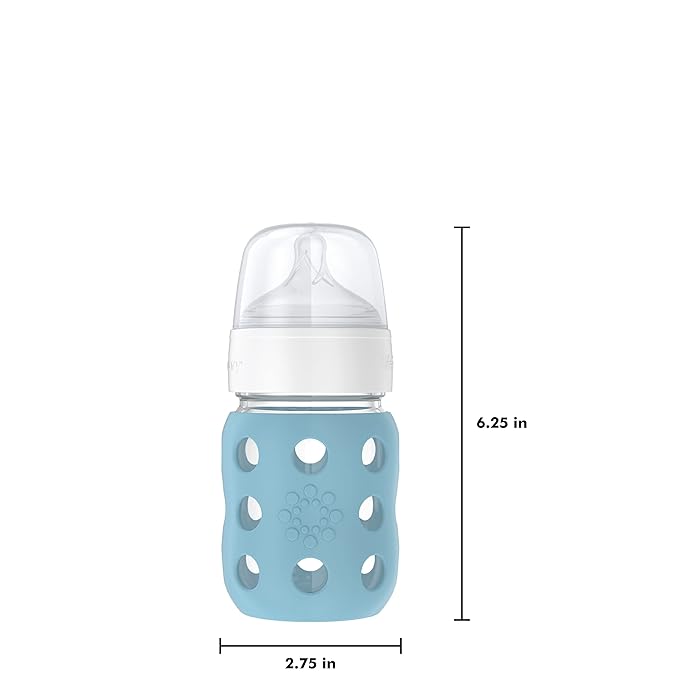 Lifefactory 8-Ounce Wide Neck Glass Baby Bottle with Protective Silicone Sleeve and Stage 2 Nipple, Denim (LG2211WDE4)