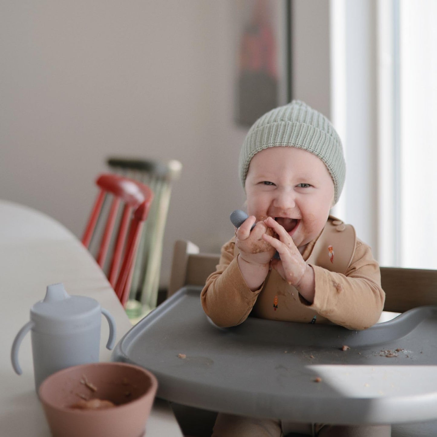 mushie Silicone Toddler Starter Spoons | 2 Pack (Cambridge Blue/Shifting Sand)