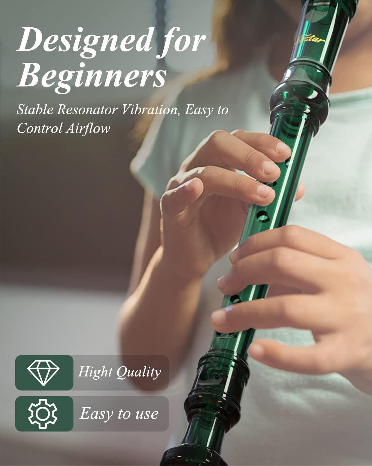 Eastar Soprano Recorder Instrument for Kids Students Beginners, German fingering C Key with Cleaning Kit, Storage Bag, Fingering Chart, ERS-1GG, Dark Green, School-Approved