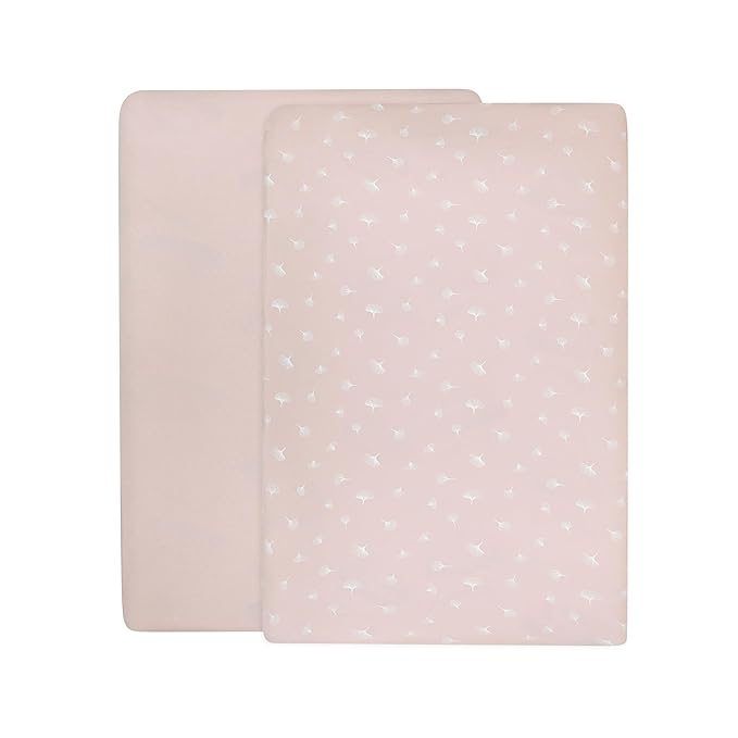 Ely’s & Co. Crib Sheet 2-Pack — Combed, 100% Jersey Cotton for Baby Girl — Rosewater Pink, Pin Dots & Gingko Leaves 52” x 28”