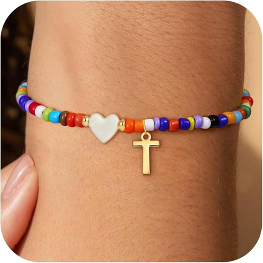 Colorful Initial Bracelets for Women Girls - Cute Beaded Heart Initial Bracelet Teen Girl Gifts Trendy Stuff, Bohemian Gold Charm Bracelet Personalized Gifts for Women Girls Jewelry