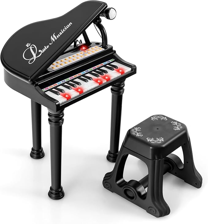 HONEY JOY Classical Kids Piano, 31-Key Toy Mini Grand Piano with Music Stand & Stool, Portable Electronic Piano Educational Musical Instrument Toy w/ Microphone, Lights, Gift for Kids (Black, 31 Keys)