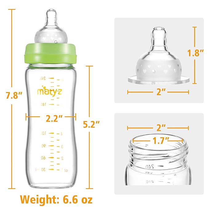 Matyz Glass Breastmilk Baby Feeding Bottle with Nipple, 2 Pack, 8 oz Slim and Light Bottle Easy to Hold, Food Grade Borosilicate Glass, Wide Neck Easy to Clean, No BPA (Green Lids)