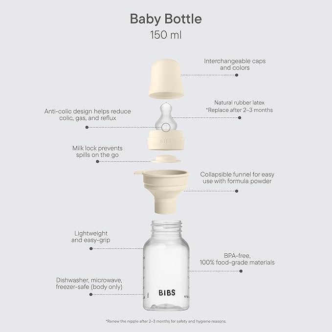 BIBS Baby Bottle 5 oz / 150 ml Silicone Nipple - Anti-Colic, BPA-Free, Round Nipple, Slow Flow, Lightweight & Easy to Clean, Suitable for Newborns 0+ Years - Sage
