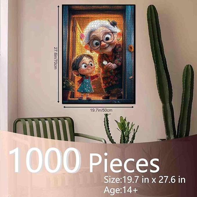1000 Piece Jigsaw Puzzle for Adults Students White Haired Grandma and Girl Holding Daisy Puzzles Colorful Clothes Cozy Apartment 20×27 Inches Unique Art Gift Home Decor Fun Family Activity