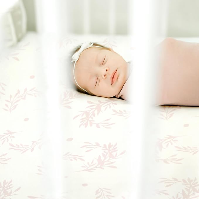 Fitted Crib Sheets Set 2 Pack, Ultra Soft Stretch Jersey Knit Crib Sheet Fit All Standard Crib Mattress Pads Safe and Snug, Crib Fitted Sheet for Baby, Beautiful Flowers and Insects Pattern