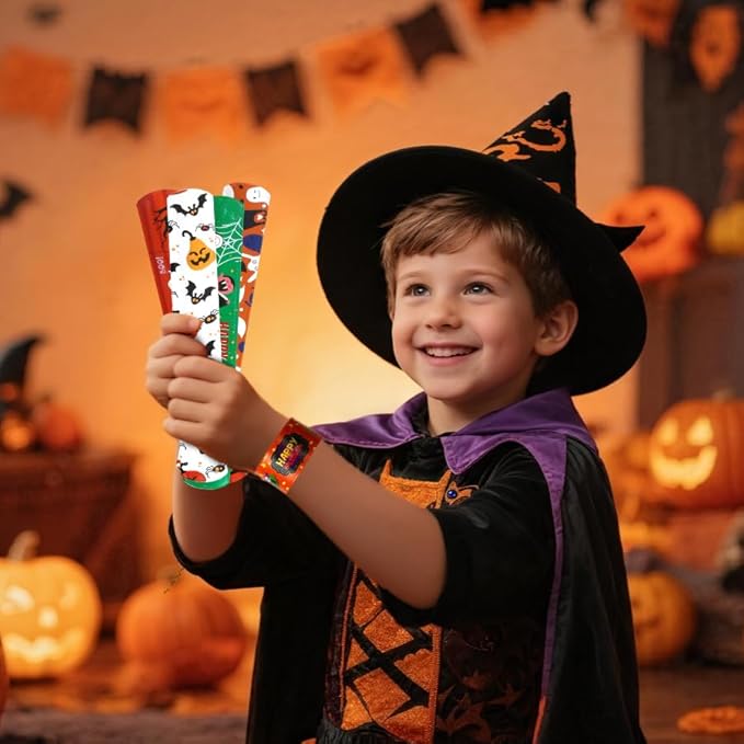 Halloween Slap Bracelet For Kids,48Pcs Halloween Party Favors, Halloween Decorations Gifts Bracelet Decorations Outdoor, Halloween Prizes Snap Bracelets Bulk Decor,Halloween Favors for Kids,Boys,Girls