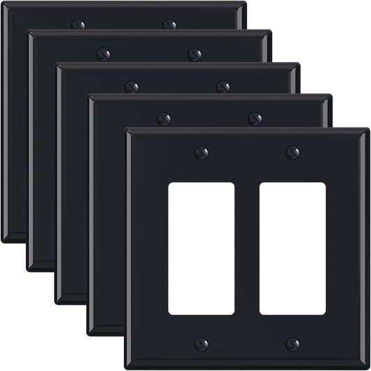 ELEGRP Glossy Black 2-Gang Decorative Wall Plates, Mid-Size 4.88" H x 4.94" L Unbreakable Thermoplastic Faceplate Cover for Decorator Receptacle Outlet Switch, UL Listed (5 Pack)
