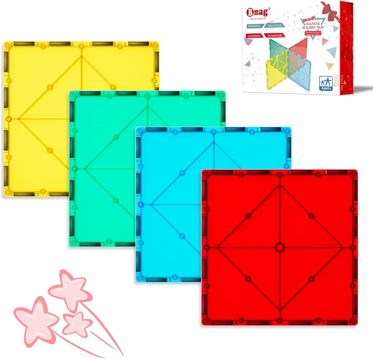 Bmag 4 Piece Magnetic Tiles Large Square, Magnet 3D Building Blocks Expansion Set for Kids, STEM Preschool Learning Kit Educational Playset Construction Toys for Boys Girls Ages 3+