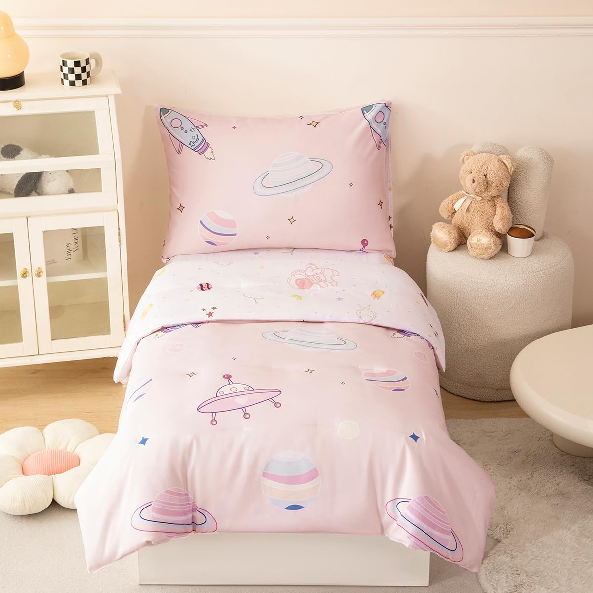 PERFEMET 4 Piece Toddler Girl Bedding Set Space Theme Pink Toddler Bed Set with Sheets Soft Reversible Astronaut Planets Crib Bed Comforter for Kids Girls