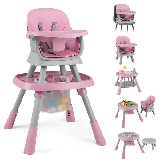 BABY JOY 16 in 1 High Chair, Convertible Baby Highchair for Babies and Toddlers with Activity Center, Booster Seat, Building Block Table, Toddler Chair with Safety Harness, Removable Tray (Pink)
