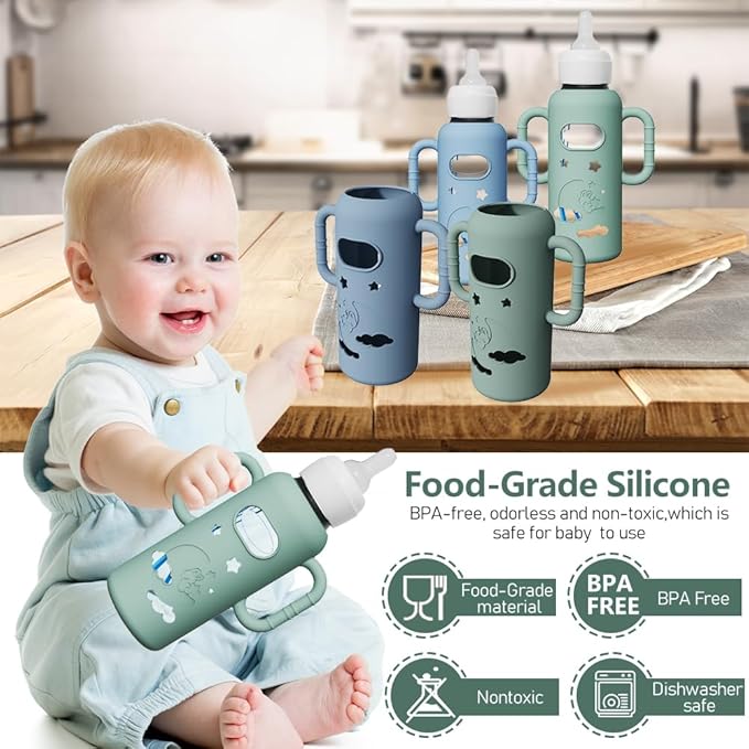 4 Pack Silicone Sleeves for Dr. Brown's Glass Bottles - Drop Protection Bottle Sleeves,Compatible with Dr. Brown's Newborn Glass Bottles,with Silicone Handles,8 oz