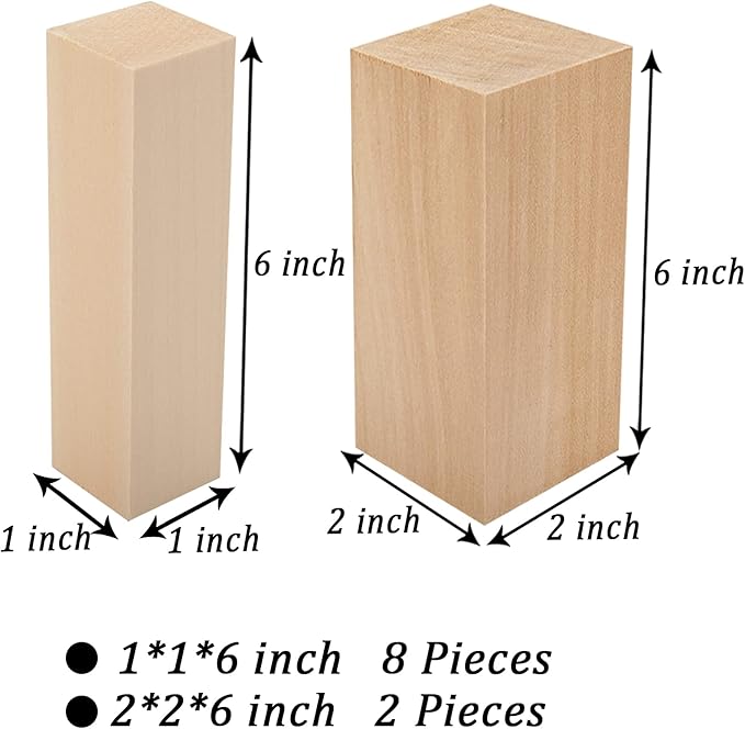 10 Pack Unfinished Basswood Carving Blocks Kit, Rectangular Wooden Blocks for DIY Carving, Crafting and Whittling for Adults Beginner and Experts(6 x 1 x 1 inch, 6 x 2 x 2 inch)