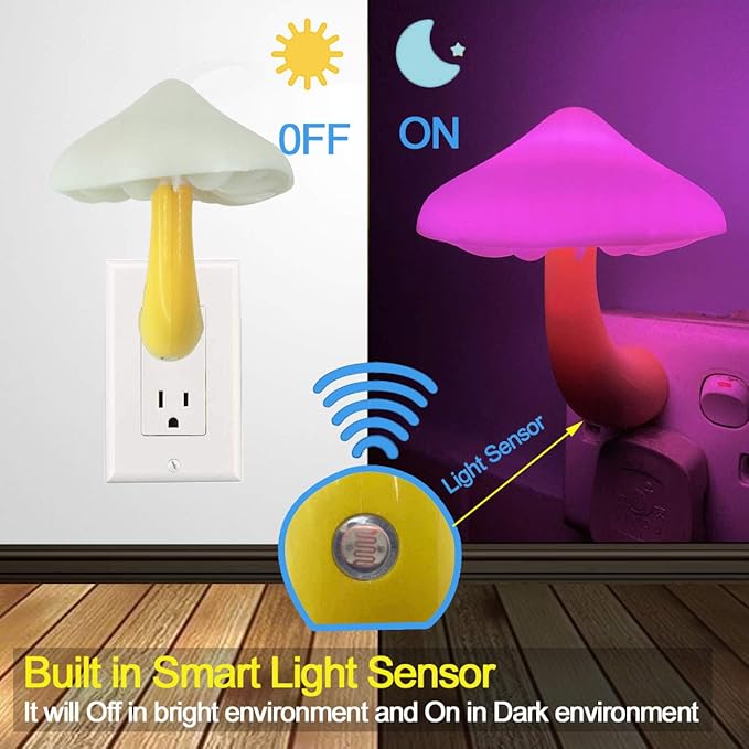 [3 Pack Plug-in LED Mushroom Night Light Lamp with Dusk to Dawn Sensor,Plug in Bed Cute Nightlight lamp Wall Baby Lights for Kids Children (7-Color)