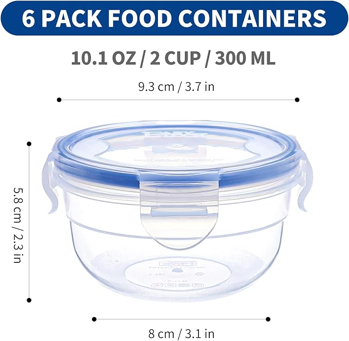 KIGI 6 PACK 10oz Plastic Round Bowls with Lid Airtight Food Storage Container Set Small Meal Prep Containers Bento Box
