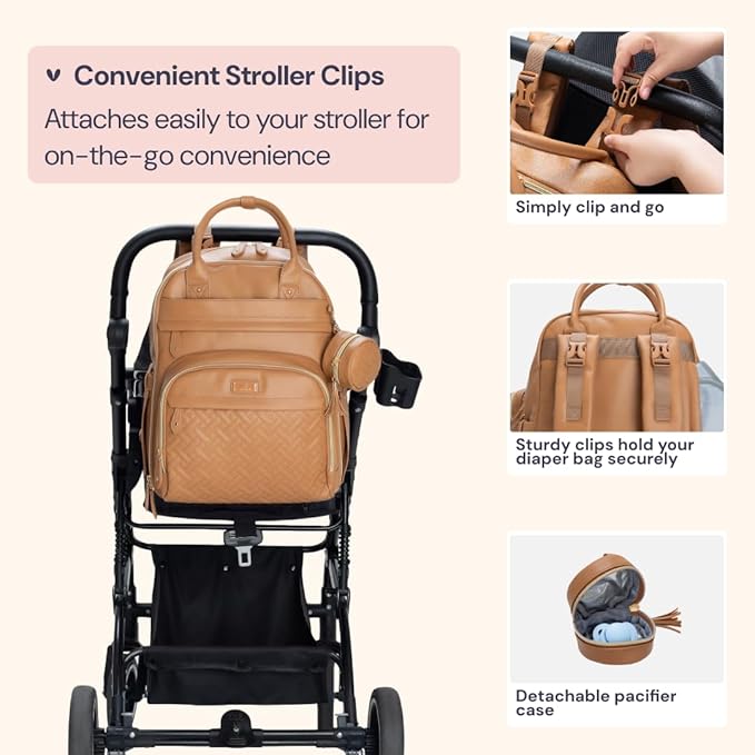 BabbleRoo Leather Diaper Bag Backpack - Baby Essentials Travel Baby Bag, Multi function, Water Resistant, with Changing Pad, Stroller Straps & Pacifier Case – Unisex, Light Brown
