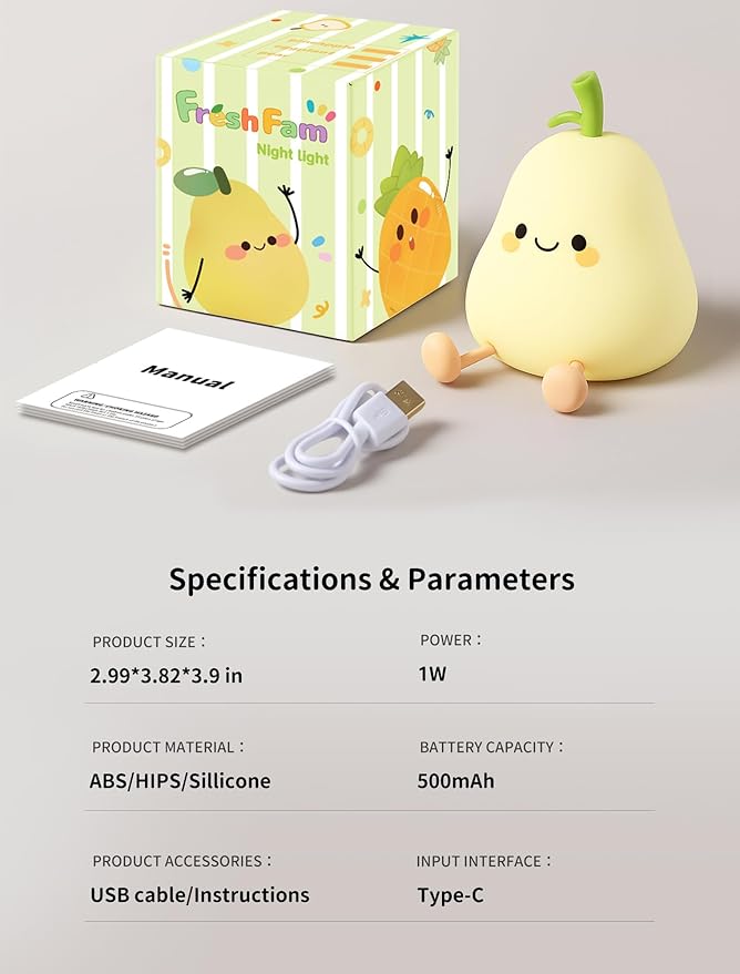 Pear Night Light for Kids, Nursery Night Lights, Bedside Touch Lamp, Cute Silicone Nightlight for Baby Toddler, 3 Level Dimmable Soft Night Lamps Gift for Bedroom Kids Room Decor