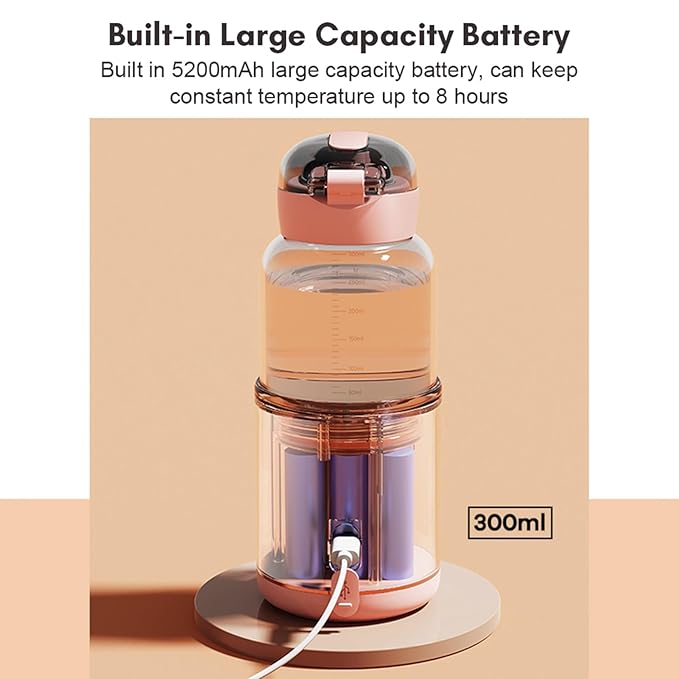 Portable Bottle Warmer, 300 ml Rechargeable Bottle Warmer,Travel Bottle Warmer,LED Display Baby Flask for Vehicle car Airplane (Pink)