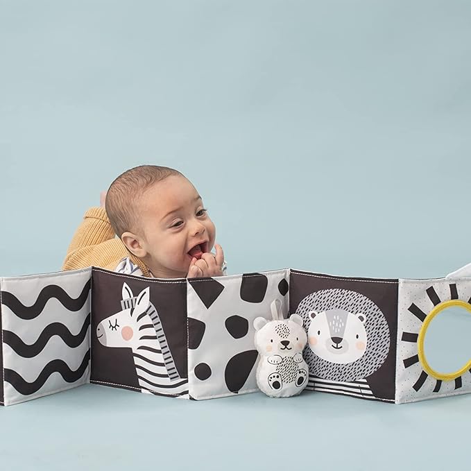 Taf Toys Newborn Soft Activity Book Black & White High Contrast Baby Book Infant Sensory Toys Tummy Time Soft Cloth Books for Babies Textured Fabric Crinkling Shapes Patterns 0-12 Months Newborn Toys