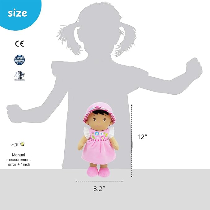 June Garden 12" Soft Dolly Malorie - Stuffed Soft Baby Doll Gift for 1 2 3 Year Old Girls - Pink Dress