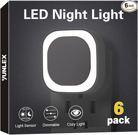 6 Pack Daylight White Night Light, Gentle Eye-Care with Dimmable Wide-Glow & Indirect Reflection, Auto Dusk to Dawn Sensor, Plug in for Kitchen Counter, Garage Workshop, Laundry, Hallway