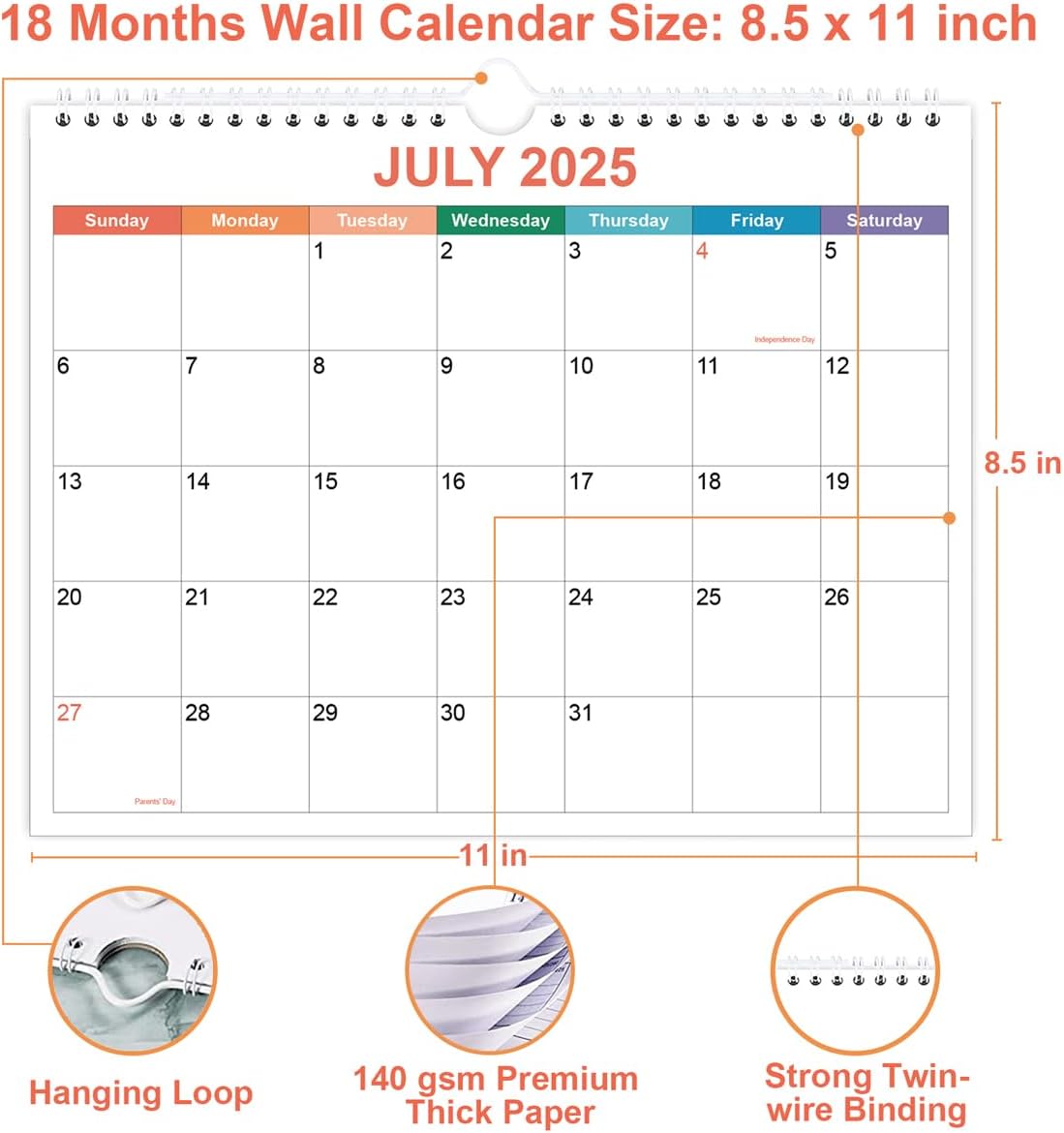 Calendar 2025-2026, Wall Calendar 2025-2026 from September 2025 - December 2026, 18 Months Calendar with Premium Paper, Twin-Wire Binding & Hanging Hook, 8.5" x 11", Colorful