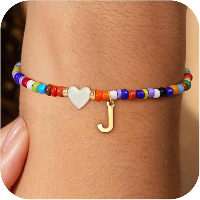 Colorful Initial Bracelets for Women Girls - Cute Beaded Heart Initial Bracelet Teen Girl Gifts Trendy Stuff, Bohemian Gold Charm Bracelet Personalized Gifts for Women Girls Jewelry