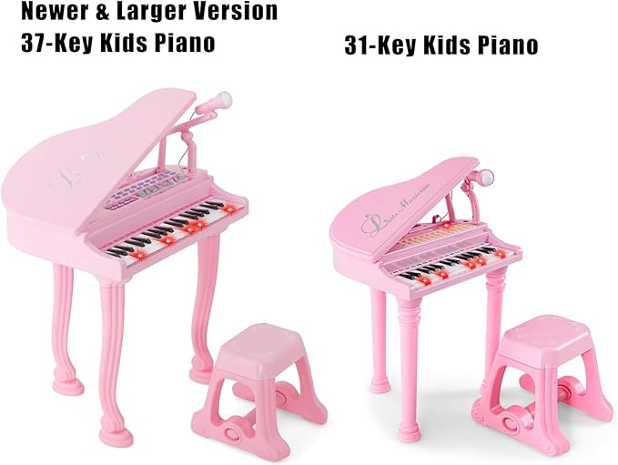 HONEY JOY Classical Kids Mini Grand Piano, 37-Key Electronic Piano with Music Stand & Stool, Portable Musical Instrument Toy for Kids (Pink, 37 Keys)