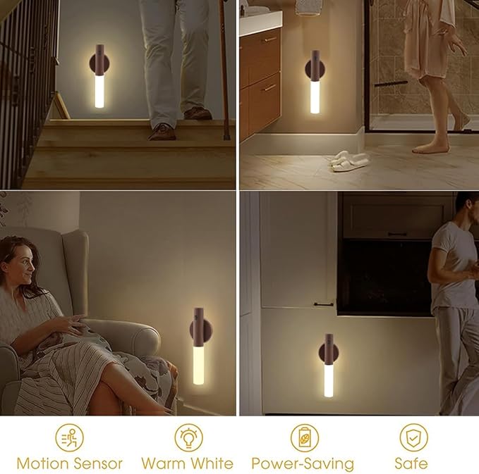 LANDGOO LED Nursery Night Light, Body Motion Sensor Nursing Lamp, Rechargeable Battery Powered Magnetic 360° Portable Lighting for Bedroom Bathroom, Walnut Wood 2Pcs