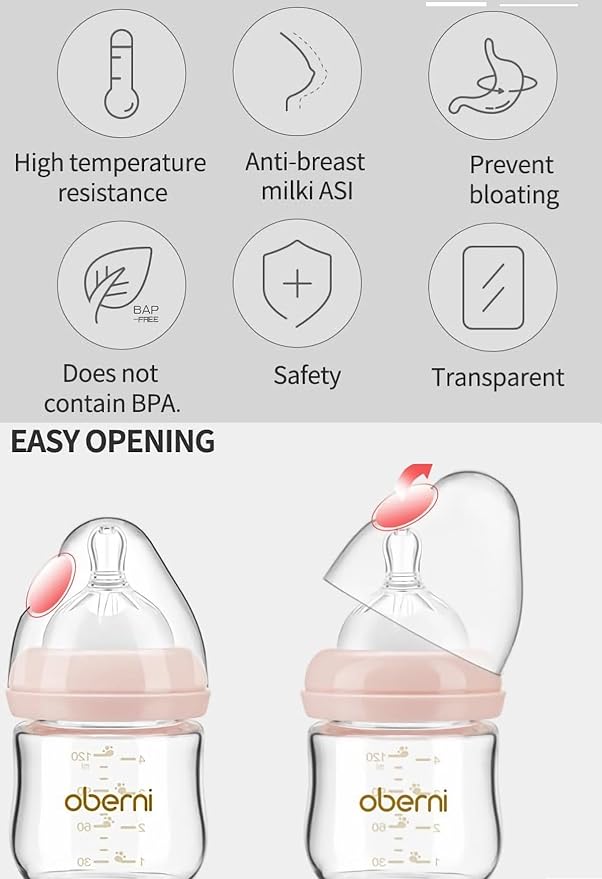 Glass Baby Bottles,Anti Colic Breastfeeding Bottle with Natural Response Nipple Size S,Wide Neck Slow Flow Baby Bottle for Baby,Newborn,Preemie 0-3 0-6 Month,BPA Free (Pink, 4 Ounce，3 Pack)