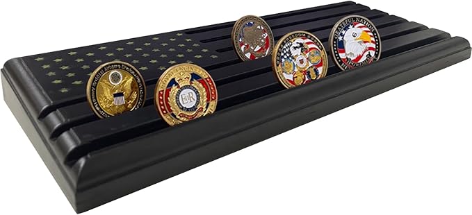 6-Row Military Challenge Coin Display Stand - Challenge Coin Holder with Rustic for Collectors Organize Medals & Memorabilia - Coin Holder for Home, Office, Showcase (Holds 30-36 Coins, American Flag ) (Black)