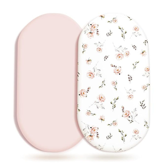 Stretch Ultra Soft Fitted Bassinet Sheet Set 2 Pack, Universal Fit for Bassinets Baby Cradle Moses Basket Oval Rectangle Mattress Safe and Snug, Pink Rose Print