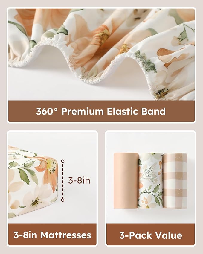 Baby Crib Sheets for Boys Girls, 28x52x8in Fitted Crib Sheet Neutral 3 Pack for Standard Crib and Toddler Mattress, Breathable Soft Microfiber Baby Sheet Orange Flowers & Plaid
