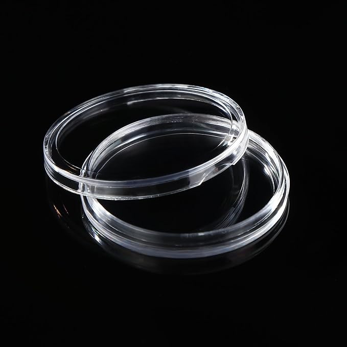 100Pcs 30mm Coin Holders with 5-Size Foam Gasket, Plastic Coin Capsules for Collectors, Clear Coin Case with Storage Organizer Box for Coin Collection Supplies, Black Gasket 17/20/25/27/30mm