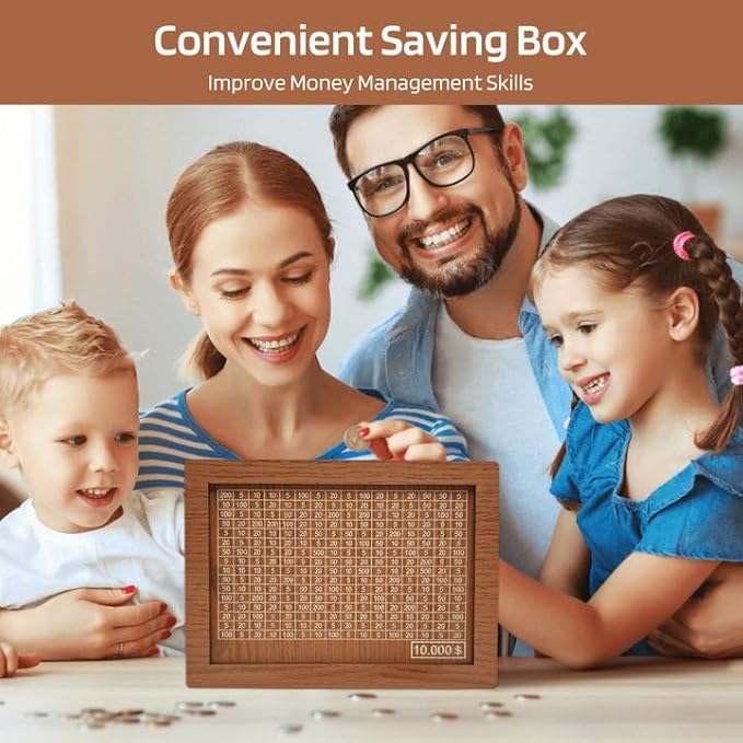 10000 Savings Challenge Box, Money Saving Box with Money Target and Numbers, Cash Vault Wooden Savings Box, Wooden Money Box, Coin Counter Piggy Bank for Adults, Wooden Coin Bank for Kids 2,000