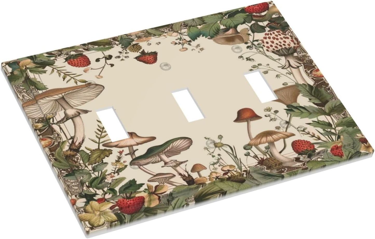 Decorative Switch Covers Plate Rustic Mushroom Garden Red Strawberry 3 Gang Artistic Wall Plate Unique Triple Toggle Light Switch Plate Jumbo Faceplate for Bedroom Home Decor