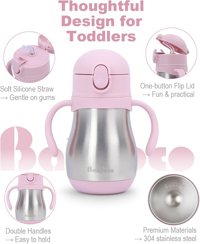 Stainless Steel Sippy Straw Cup for Toddlers 1-3 Years Old, Insulated Toddler Water Bottle Baby Training Tumbler with Handles, 8oz Kids Straw Cups for Travel, Daycare & At Home, Pink